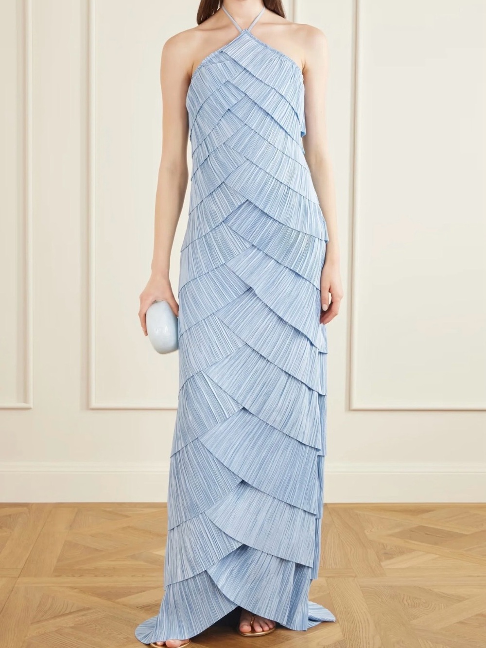 One-Shoulder Light Blue Tiered Maxi Dress